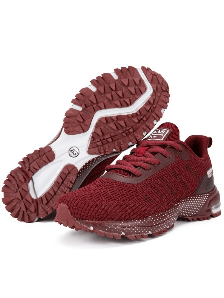 Wear-resistant burgundy women's walking shoes with non-slip TPR outsole and breathable polyester upper, perfect for sporty outings.